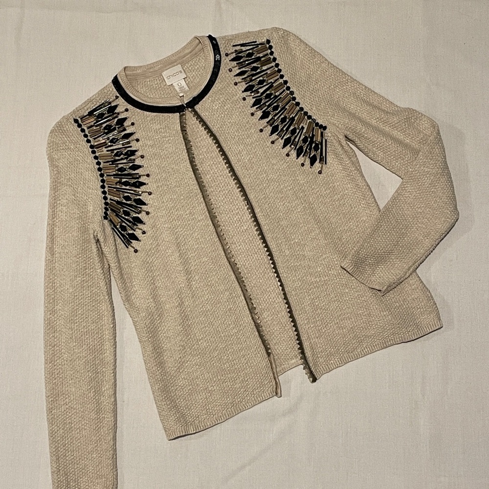 Chicos waffle knit cream embellished cardigan with black and gold beading